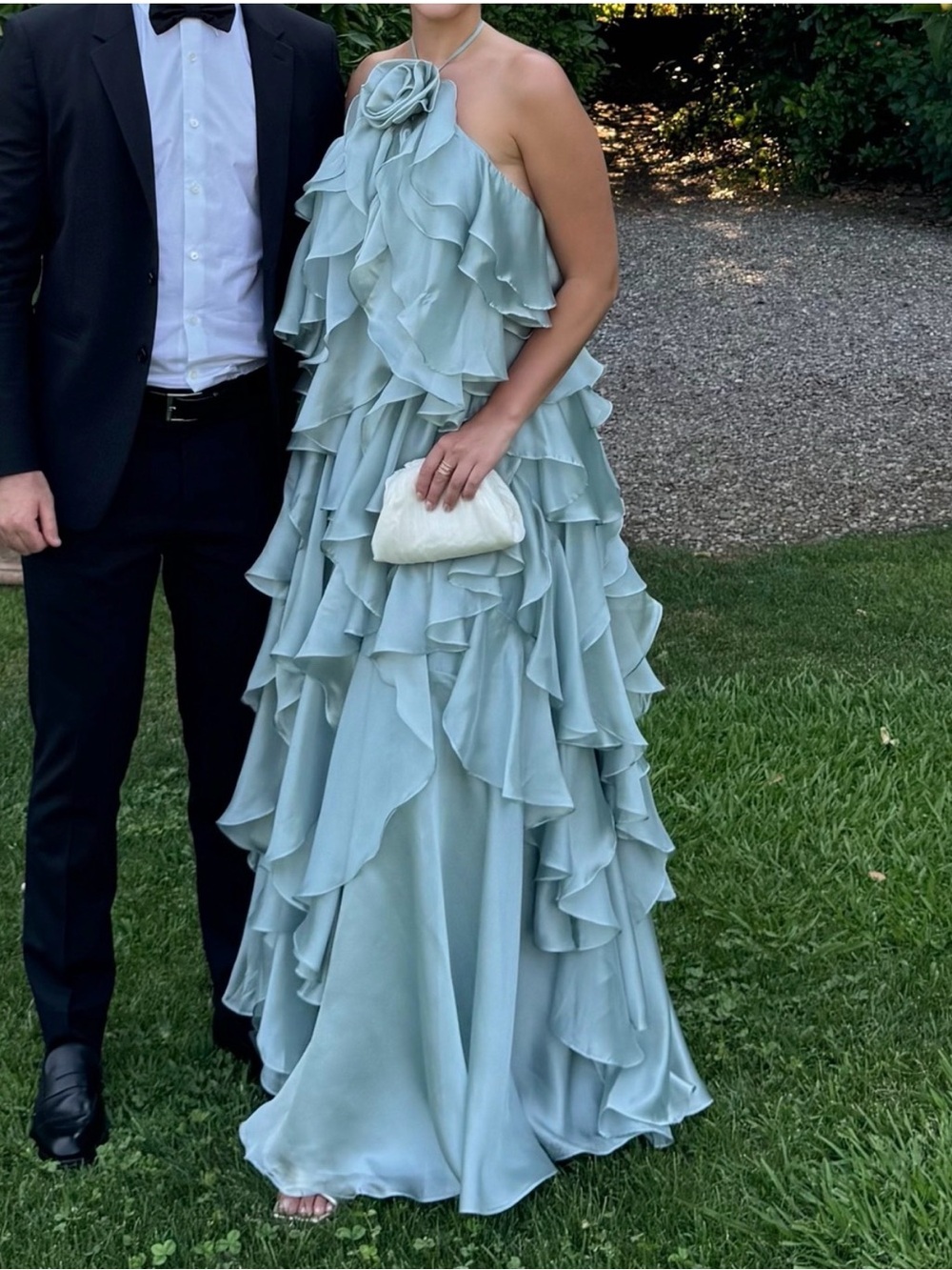 New Ieena For Mac Duggal Blue Halter Neck Open Back Trapeze Ruffle Gown